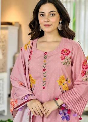 Women's Beautiful Printed Work Chanderi Fabric Straight Kurta Pant and Dupatta Set 3