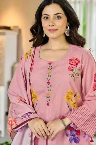 Women's Beautiful Printed Work Chanderi Fabric Straight Kurta Pant and Dupatta Set