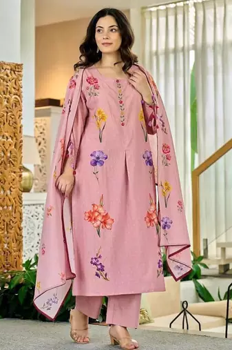 Women's Beautiful Printed Work Chanderi Fabric Straight Kurta Pant and Dupatta Set