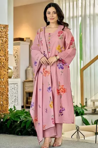 Women's Beautiful Printed Work Chanderi Fabric Straight Kurta Pant and Dupatta Set