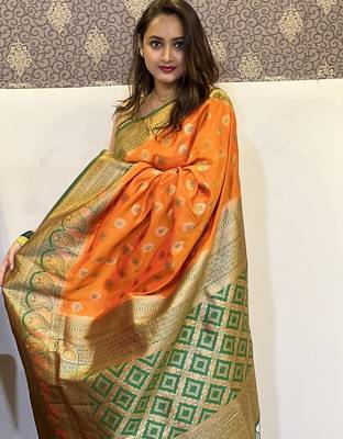 Orange woven self design silk blend paithani saree with blouse 3
