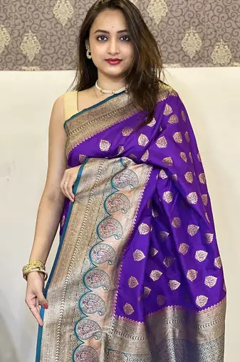 Purple woven self design silk blend paithani saree with blouse
