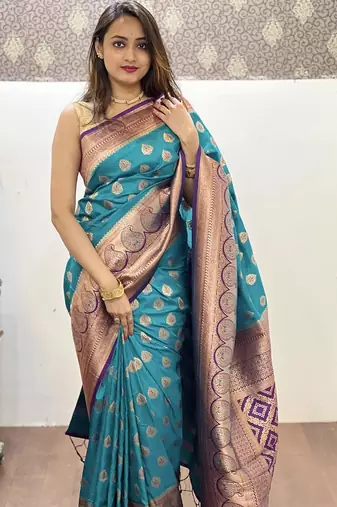 Sky blue woven self design silk blend paithani saree with blouse