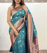 Sky blue woven self design silk blend paithani saree with blouse