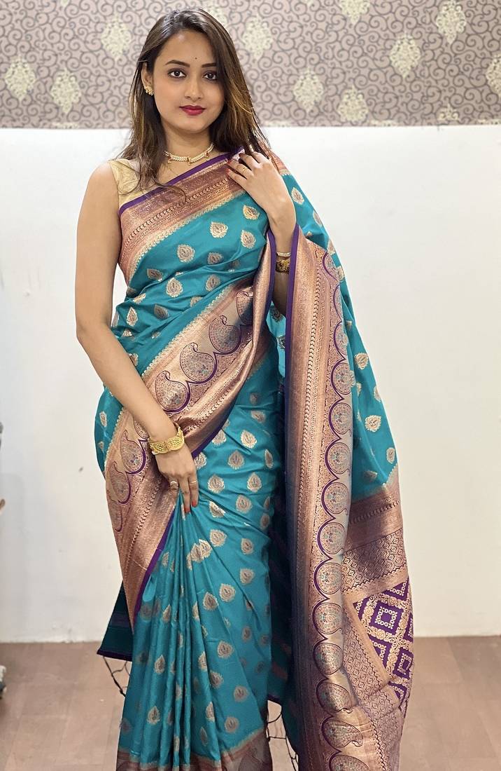 Sky blue woven self design silk blend paithani saree with blouse
