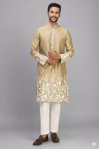 men’s chiku silk kurta pant set with floral embroidery