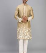 men’s chiku silk kurta pant set with floral embroidery