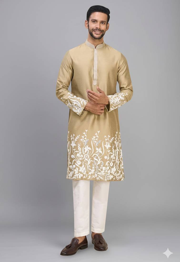 men’s chiku silk kurta pant set with floral embroidery