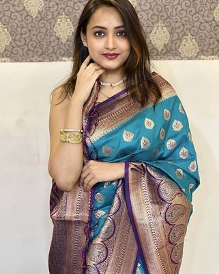 Sky blue woven self design silk blend paithani saree with blouse 2