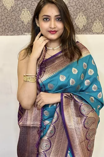 Sky blue woven self design silk blend paithani saree with blouse