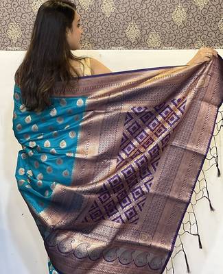 Sky blue woven self design silk blend paithani saree with blouse 4