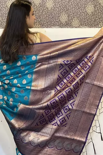Sky blue woven self design silk blend paithani saree with blouse