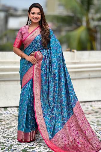 Blue woven self design silk blend patola saree with blouse