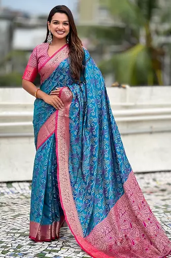 Blue woven self design silk blend patola saree with blouse