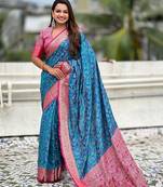 Blue woven self design silk blend patola saree with blouse