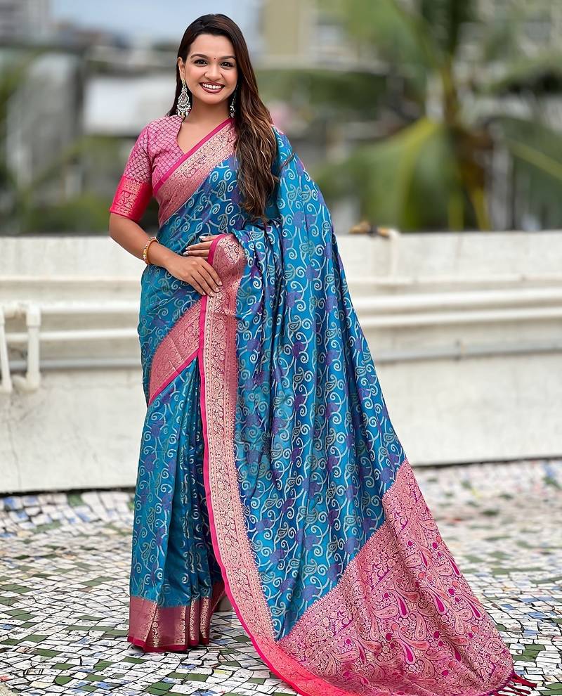 Blue woven self design silk blend patola saree with blouse