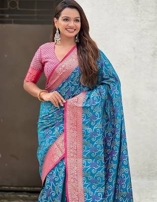 Blue woven self design silk blend patola saree with blouse 2