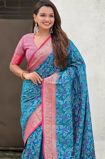Blue woven self design silk blend patola saree with blouse