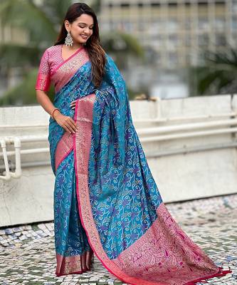 Blue woven self design silk blend patola saree with blouse 3