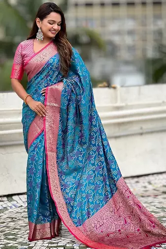 Blue woven self design silk blend patola saree with blouse