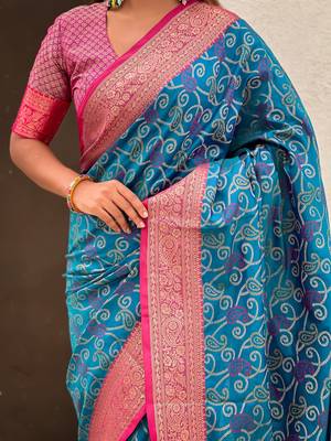 Blue woven self design silk blend patola saree with blouse 4