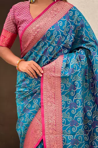 Blue woven self design silk blend patola saree with blouse