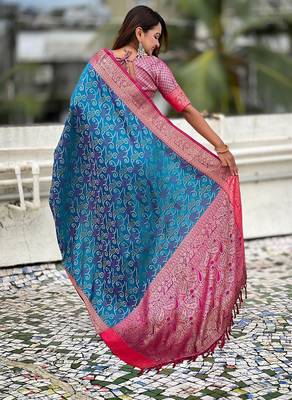 Blue woven self design silk blend patola saree with blouse 5