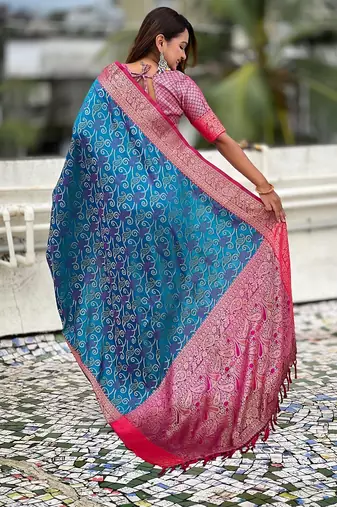 Blue woven self design silk blend patola saree with blouse