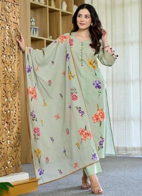 Women's Beautiful Printed Work Chanderi Fabric Straight Kurta Pant and Dupatta Set 1