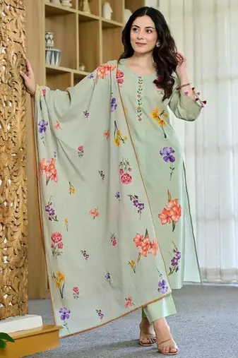 Women's Beautiful Printed Work Chanderi Fabric Straight Kurta Pant and Dupatta Set