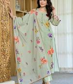 Women's Beautiful Printed Work Chanderi Fabric Straight Kurta Pant and Dupatta Set