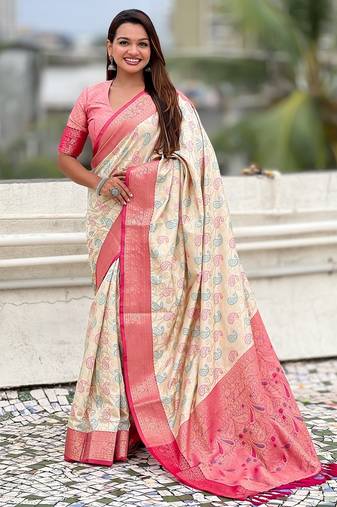 Cream woven self design silk blend patola saree with blouse