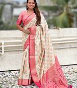 Cream woven self design silk blend patola saree with blouse