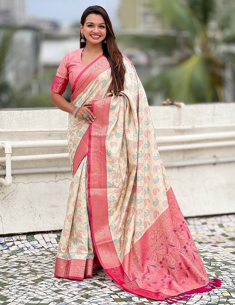 Cream woven self design silk blend patola saree with blouse
