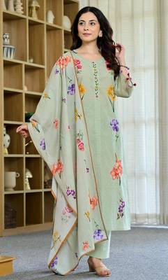 Women's Beautiful Printed Work Chanderi Fabric Straight Kurta Pant and Dupatta Set 3