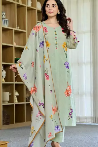 Women's Beautiful Printed Work Chanderi Fabric Straight Kurta Pant and Dupatta Set