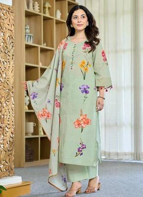 Women's Beautiful Printed Work Chanderi Fabric Straight Kurta Pant and Dupatta Set 4