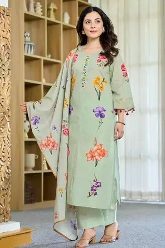 Women's Beautiful Printed Work Chanderi Fabric Straight Kurta Pant and Dupatta Set