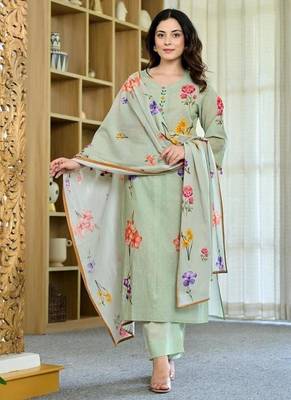 Women's Beautiful Printed Work Chanderi Fabric Straight Kurta Pant and Dupatta Set 5