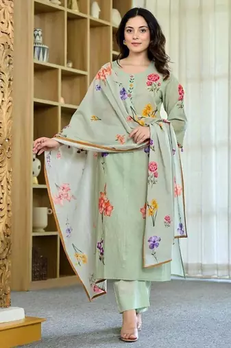 Women's Beautiful Printed Work Chanderi Fabric Straight Kurta Pant and Dupatta Set