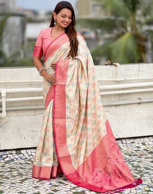 Cream woven self design silk blend patola saree with blouse 3