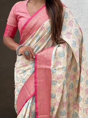 Cream woven self design silk blend patola saree with blouse 4
