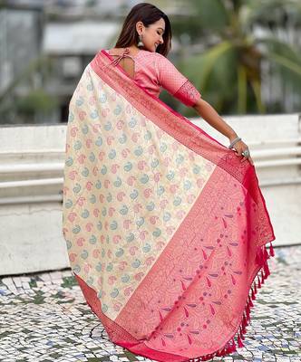 Cream woven self design silk blend patola saree with blouse 5
