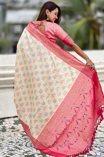 Cream woven self design silk blend patola saree with blouse
