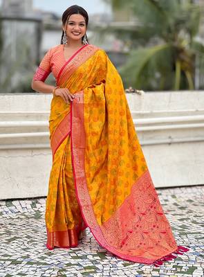 Mustard woven self design silk blend patola saree with blouse 1