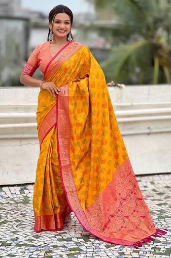 Mustard woven self design silk blend patola saree with blouse