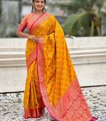 Mustard woven self design silk blend patola saree with blouse