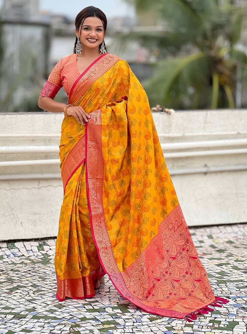 Mustard woven self design silk blend patola saree with blouse