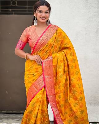 Mustard woven self design silk blend patola saree with blouse 2