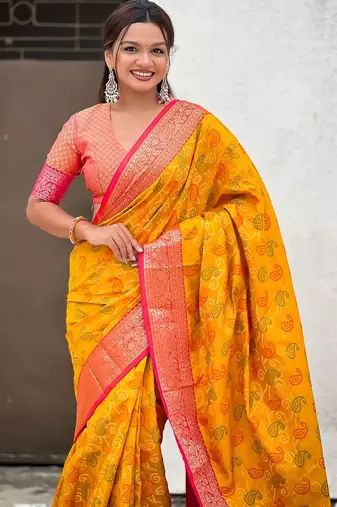 Mustard woven self design silk blend patola saree with blouse